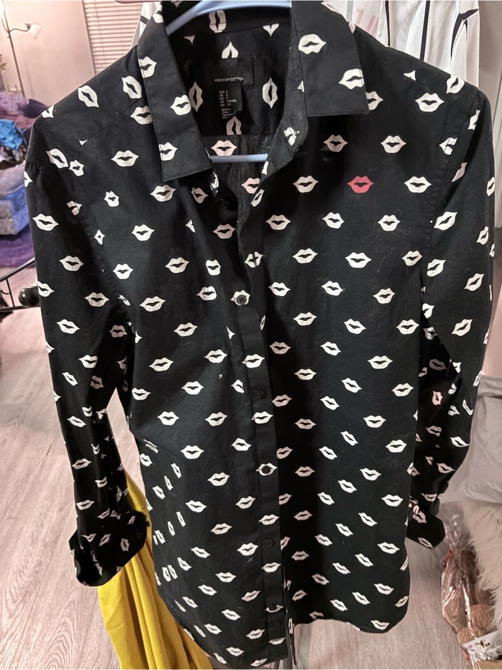 Forever 21 Black Button-Down Shirt with White Lip Print and Pink Accent